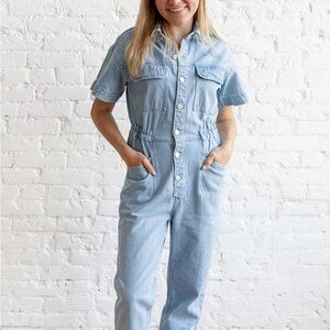 Miou Muse Utility Jumpsuit- Light Blue Denim Jumpsuit